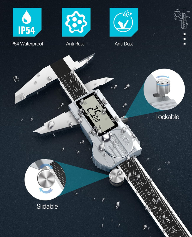 [Australia - AusPower] - Digital Caliper, (ABS) Absolute Scale Caliper 8in, IP54 Electronic Measuring Tool, Inch/MM/Fraction, Auto-Off LCD Stainless Steel Waterproof Micrometer Vernier Caliper, with Feeler Gauges ABS-8inch/200mm 