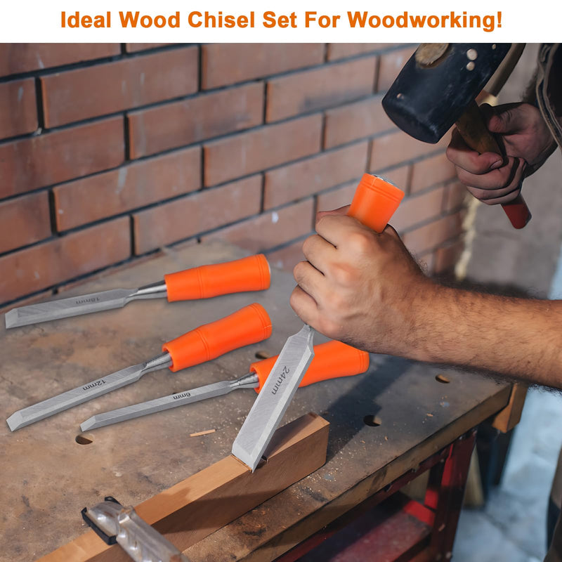 [Australia - AusPower] - 4 Piece Wood Chisel Sets Woodworking Tools Set, Wood Chisels for Woodworking with Steel Hammer End, Wood Tools Chisel Set Woodworking with Ergonomic Plastic Handle, 6mm, 12mm, 18mm, 24mm 