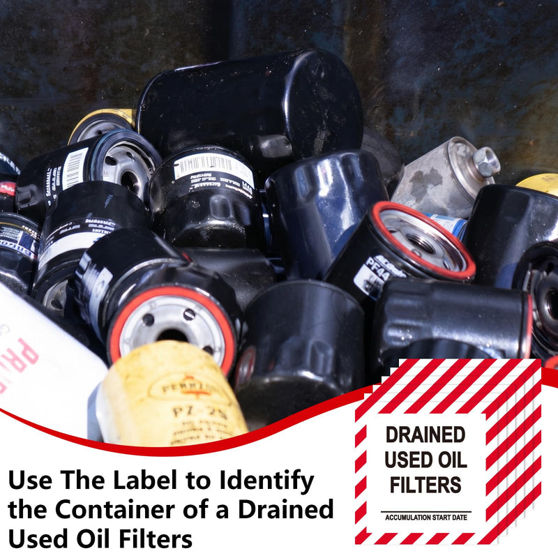 100 Pcs Drained Used Oil Filters Label - 6 x 6 Inch Adhesive Vinyl Hazardous Waste Stickers for Identification Drums, Containers Waste Management