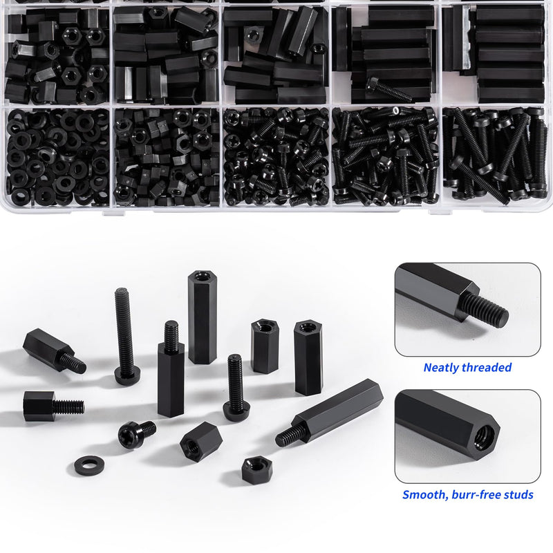 [Australia - AusPower] - 580 PCS M3 Black Nylon Standoff Kit with Spacers, Screws, and Nuts - Motherboard & PCB Mounting Standoffs and Screws, Threaded Pillar Spacers for Circuit Boards and Computer Building 
