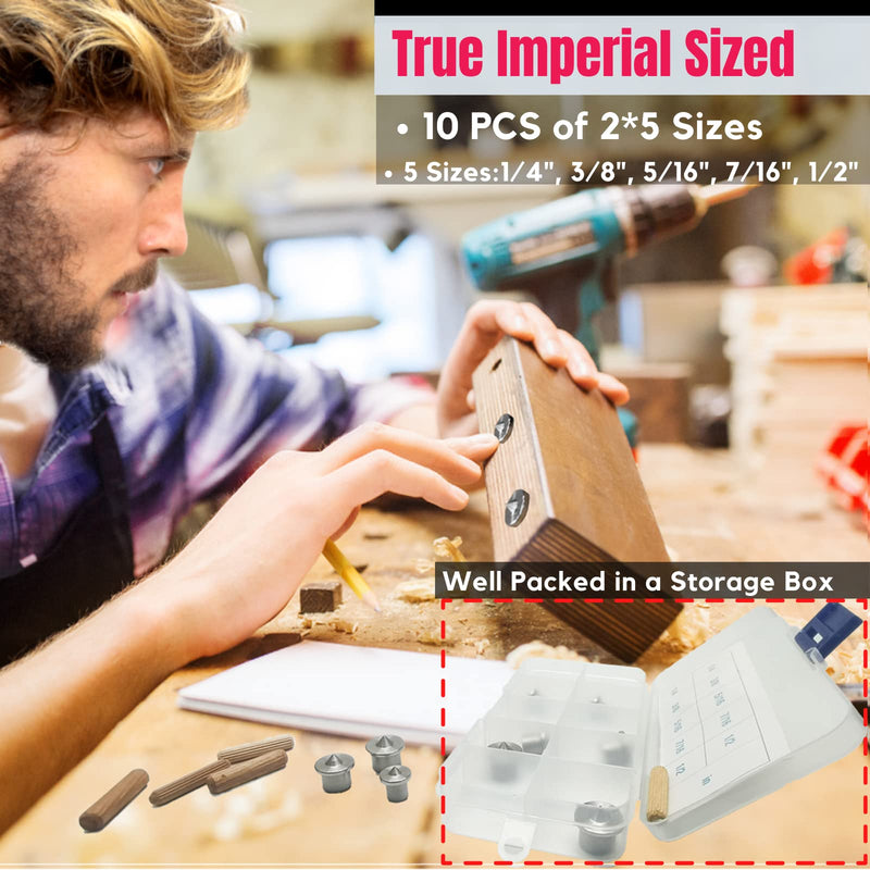 [Australia - AusPower] - Dowel Centers, Stainless Steel Dowel Center Transfer Plugs 10PCS with 5 Sizes of 1/4" 3/8" 5/16" 7/16" 1/2" Dowel Centering Pins Joinery Accessories -by MinliGUY Woodworking Tool Imperial Sized 