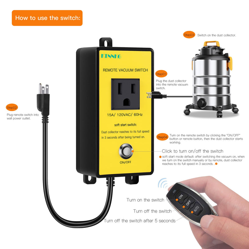 KTNNKG 120V Soft Start Outlet Automatic Switch, Remote Switch for Vacuum and Table Saw with 2 Remote Control,15A 60Hz 1800W 120V Soft Start Switch+Remote
