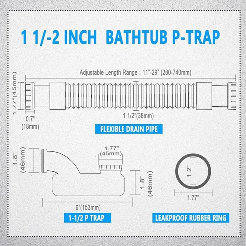 Flat 1.5 Inch P-Angle, Flexible Tub Shower Drain Grey Stand Up Tub Drain Set Ultra Thin Drain System for Bathroom Shower Trays (41.9 x 8.1 x 7.3 cm)