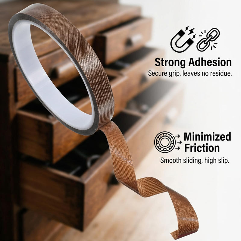 3 Rolls 1/2 Inch x 33 Feet Low Friction Drawer Slide Tape, PTFE Curtain Glide Tape with Abrasion & Squeak Resistant Surface Protection for Furniture Wood Cabinet (Brown)