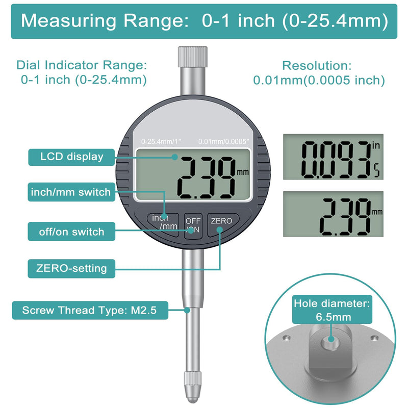 HDLNKAK Table Saw Digital Dial Indicator Gauge, for Aligning and Calibrating Work Shop Machinery Like Table Saws, Band Saws and Drill Presses