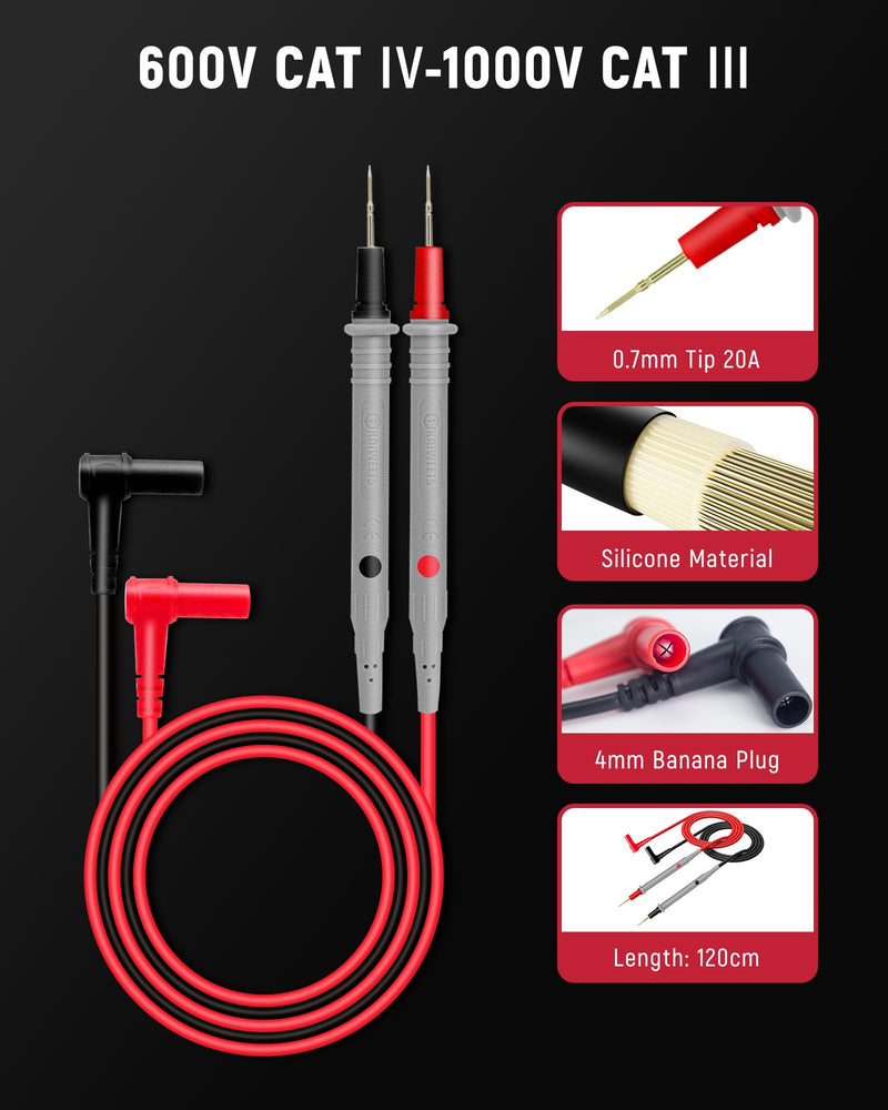 [Australia - AusPower] - KAIWEETS Silicone Test Leads Multimeter Probes 48-Inch Silicone Wire Gold-Plated Tips CAT III 1000V & CAT IV 600V 20A Compatible with Digital Multimeters & Clamp Meters KET20 