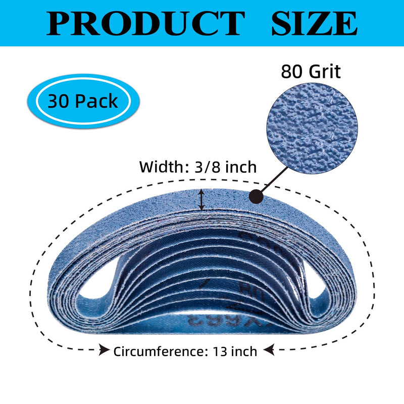 [Australia - AusPower] - 3/8" x 13" Zirconia Sanding Belts, 30 pack 3/8x13 Inch Sanding Belts 80 Grit, Zirconia Belt Sander Sanding Belts for Air File Belt Sander(3/8x13in, 80 Grit) 