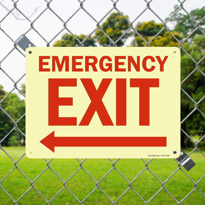 SmartSign - S-1491G-GR-14 "Emergency Exit" Sign with Left Arrow | 10"x 14" Glow-in-the-Dark Aluminum Emergency Exit_Left Arrow 10" x 14"