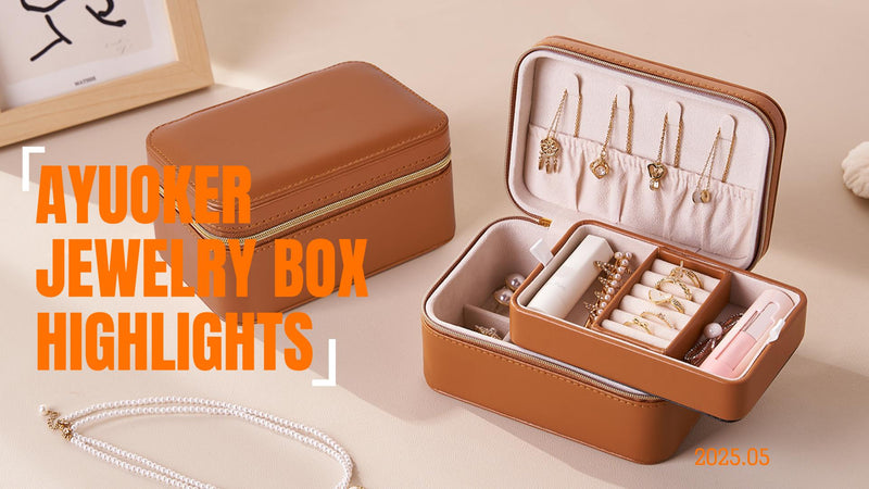 Brown Small Travel Jewelry Box,2 Layers PU Leather Travel Jewelry Box with Double Zippers, Portable Travel Jewelry Organizer for Necklace/Bracelet/Ring/Brooch brown