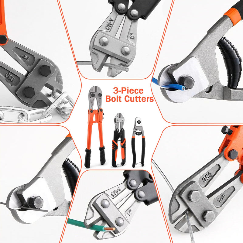 3Pcs Bolt Cutter Set with 14" Heavy Duty Bolt Cutter,8" Mini Bolt Cutter,8" Wire Rope Cutter & Storage Bag for Cutting Locks,Padlocks,Chains,Steel Cable,Barbed Wire,Iron Rod,Metal,Fence