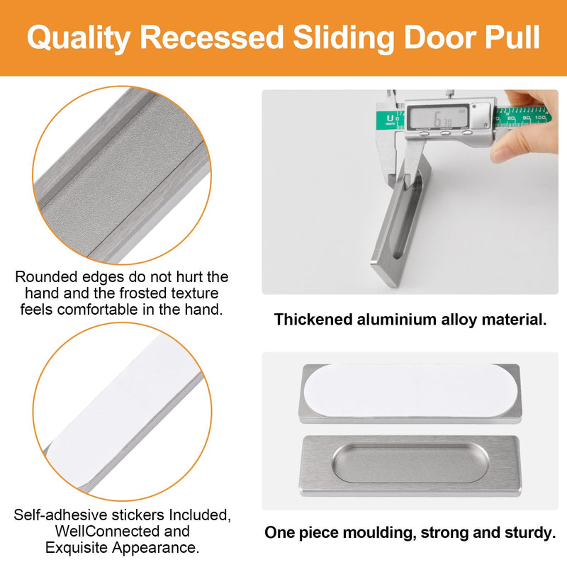 MOROBOR Self-Stick Rectangular Sliding Door Pulls, 6pcs Aluminum Alloy Flush Pull Punch-Free Handle for Sliding Barn Door Windows Cabinets (Brushed Steel, 100mm) Brushed Steel-6PCS