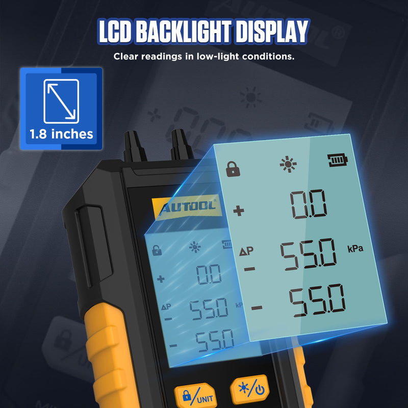 [Australia - AusPower] - AUTOOL Manometer Gas Pressure Tester, Digital Manometer HVAC, 6 Units Differential Dual Port Pressure Gauge -101 to 200Kpa, Data Zeroing with Backlight LCD Display PT503 