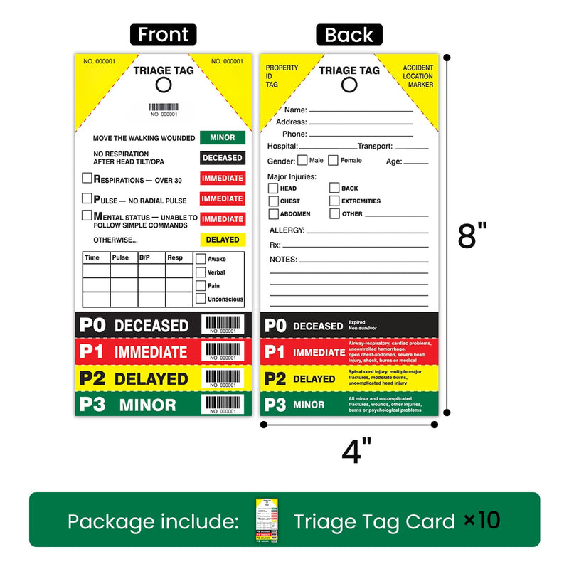 [Australia - AusPower] - Triage Tag Card for First Aid & Emergency Response - Perforated Injury Level Sections, Random Start Sequential Numbering with Bar Code, 8" x 4" (10) 10 