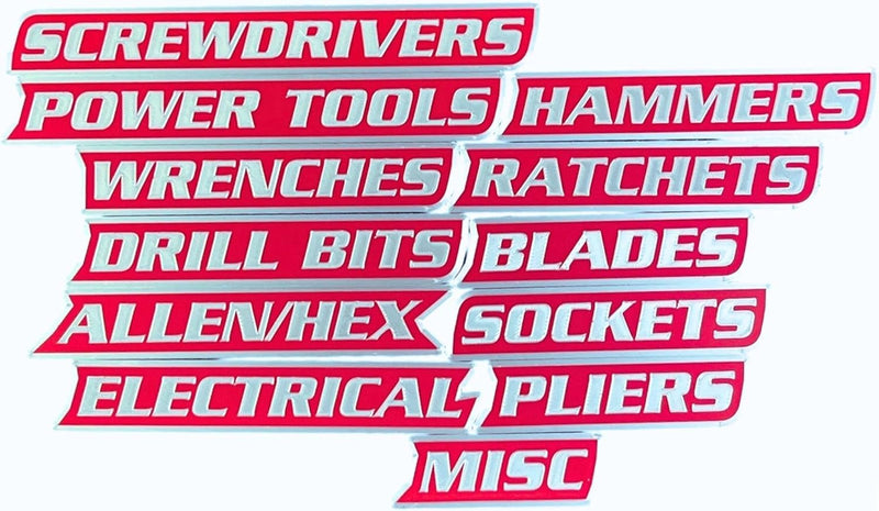 Magnetic Toolbox Organizer Labels – (Silver Edition) Tool Chest Badges for Drawers, Cabinets & Tool Boxes – Fast, Clean Organization for Steel Tool Storage (Red) Red