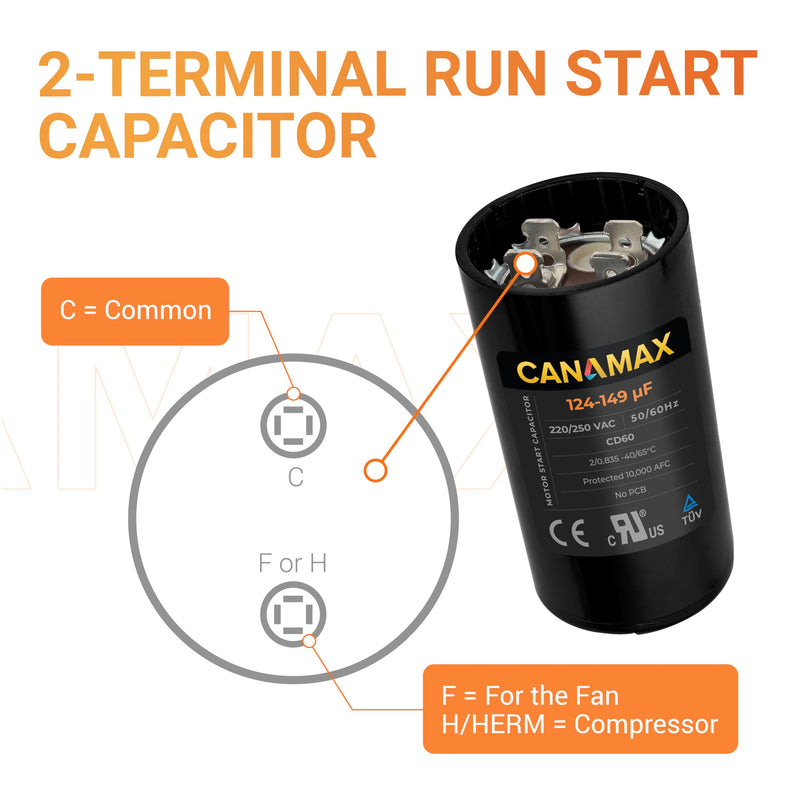 [Australia - AusPower] - Canamax 124-149 uf/MFD 220-250VAC Round Run Start Capacitor - Replacement for AC Motor Run or Fan Start and Cool or Heat Pump Air Conditioner 
