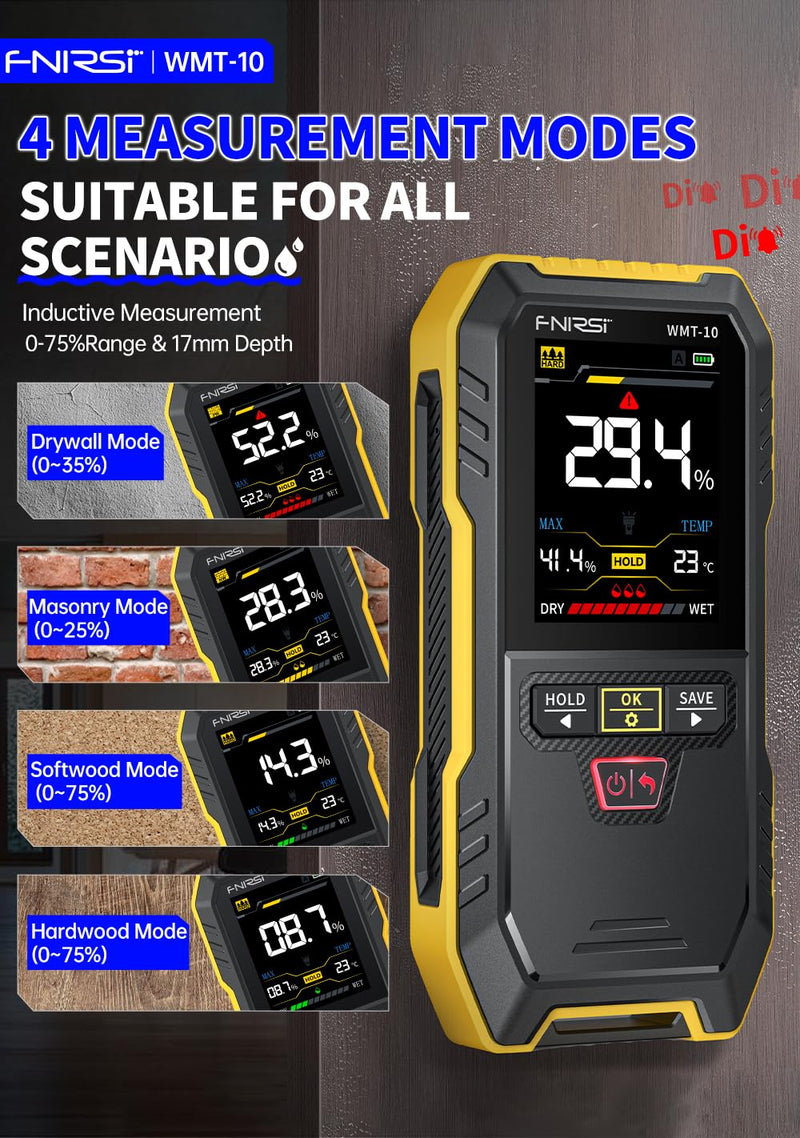 [Australia - AusPower] - FNRSI UPGRADED WMT-10 Rechargeable Pinless Wood Moisture Meter with Flashlight for Wood, Firewood, Wall Non-contact Timber Damp Detector Non-destructive Humidity Tester for Lumber Concrete Building 