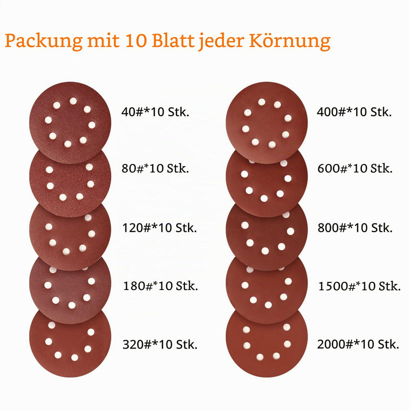 SPTA 100-Piece 125mm 40/80/120/180/320/400/600/800/1500/2000 Sanding Discs Velcro Sanding Sheets Sanding Papers Excenter Sander Grit x10 8 Holes for Orbital Sanders