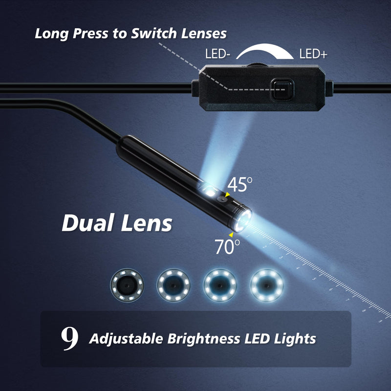 [Australia - AusPower] - Dual Lens Endoscope Camera with Light (1920 * 1440) Inspection Camera with 9 Adjustable LED Lights (16.5 ft) Semi Rigid Cable Borescope for iPhone, iPad, Samsung and Android Devices. 