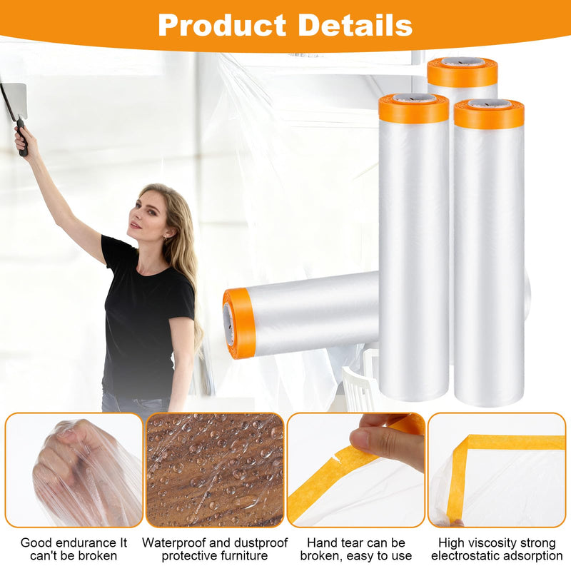 4 Rolls Painters Plastic With Tape, Pre-Taped Masking Film, Automotive Best Tape and Drape, Paint Adhesive Protective Film Roll for Covering Skirting, Frames, Cars and Auto Body (6.6 X 59-Feet)