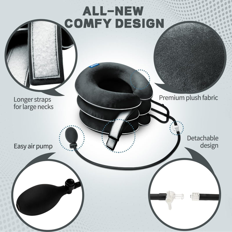 [Australia - AusPower] - Cervical Neck Traction Device for Neck Pain Relief - Inflatable Neck Stretcher Traction Collar for Neck Decompression - Best Home Use Neck Brace, Neck Traction Pillow, Neck Pump (Black Plush) 