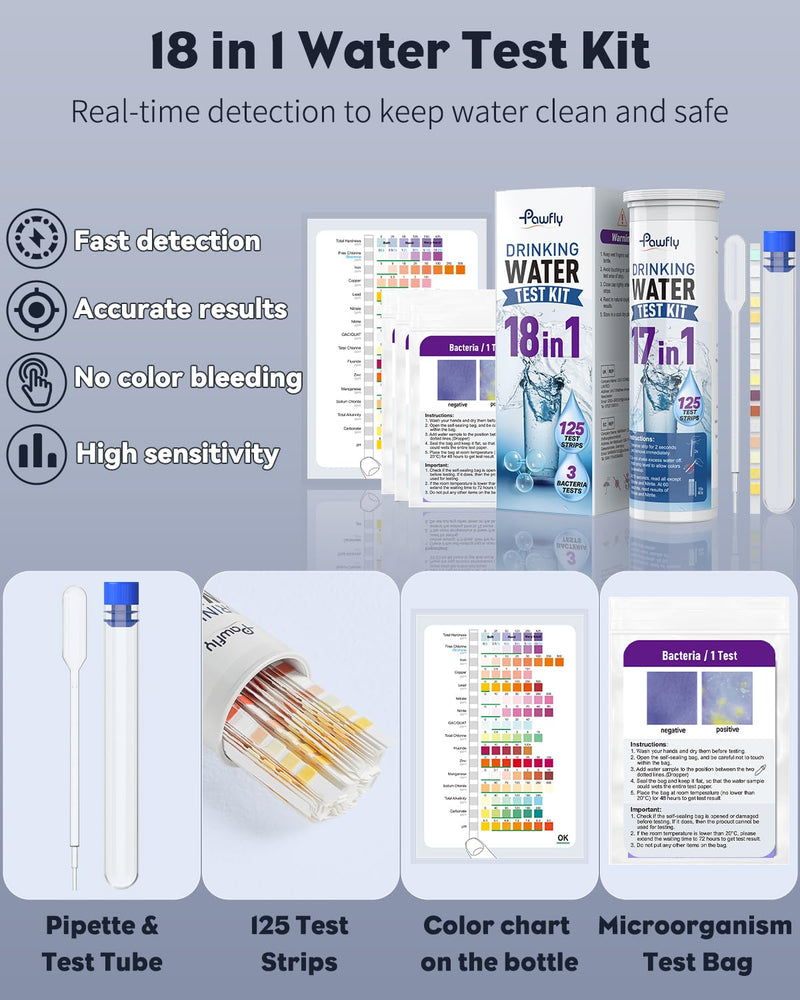 Pawfly 18 in 1 Drinking Water Test Kit, 125 Strips for Tap Water Well Swimming Pool Aquarium Spa, Home Water Quality Test Strips for pH Hardness Chlorine Lead Iron Copper Nitrate Fluoride & More 18 in 1 Water Test Kit