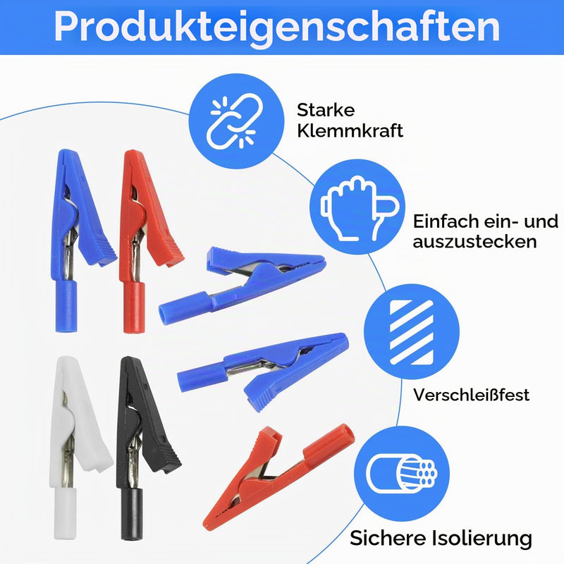 Insulated Crocodile Clips Small (2 mm) Pack of 12 | Fully insulated crocodile clips in 4 colors, safety test alligator clip, for 2 mm test probes and banana plugs