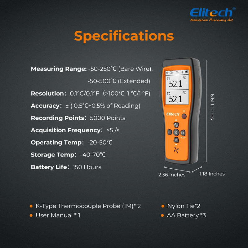 [Australia - AusPower] - ICT-220 Double Thermocouple Thermometer, High Precision K-Type Temperature Sensor with App, Fast Response Time, Suitable for Refrigeration, Vehicle Maintenance and Heat Pump Industry 