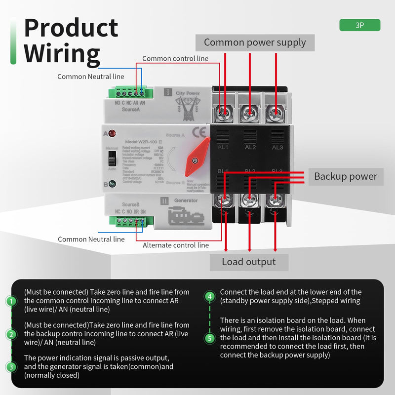[Australia - AusPower] - 63Amp AC110V Automatic/Manual Transfer Switch 3P 50/60Hz, 3POLE 63A Mini ATS Solar Auto Dual Power Switch W2R for Home Generator, Din Rail Mount Cn Automatic Changeover Fast Transfe for,Rv,Lv Power ATS 3P 63A AC110V 