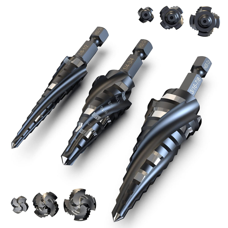 M35 Cobalt HSS Step Drill Bits, Four Spiral Flute Cobalt Step Drill Bit,1/8"-7/8"(3PCS) Hex Shank Unibit for Aluminum, Stainless Steel, Metal, Wood, Plastic. 1/8"-7/8"(3PCS)
