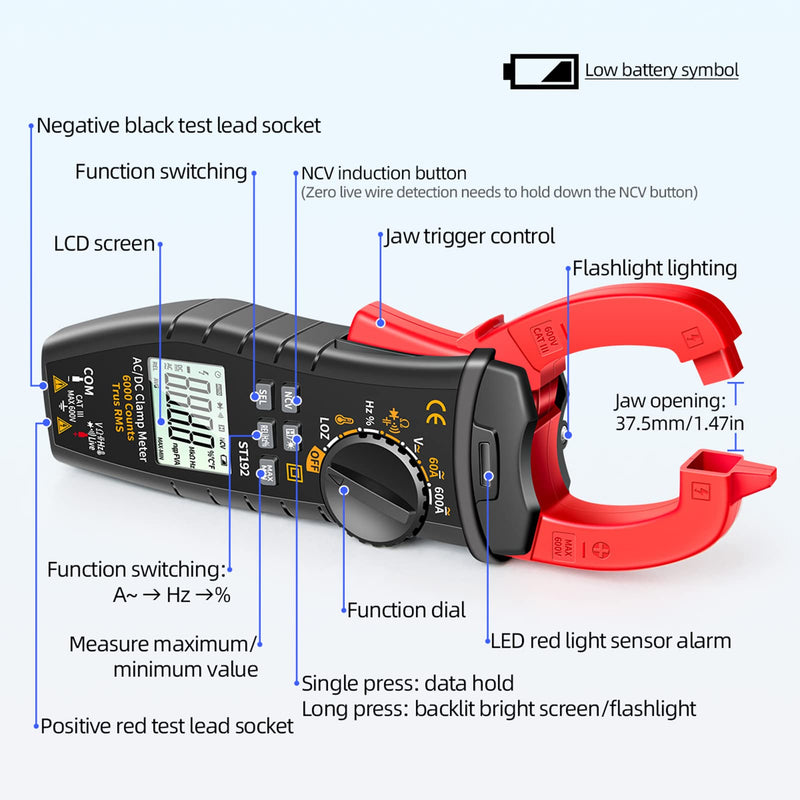 [Australia - AusPower] - Jadeshay ST192 Clamp Multimeter, 6000 Counts True RMS AC/DC Voltage & Current Tester with Backlit LCD, No Battery Included 