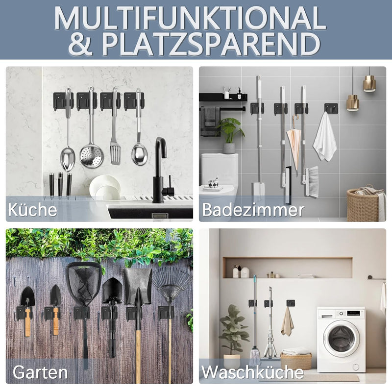 3-H Broom Holder Wall Self-Adhesive, Pack of 6 Tool Holder, Broom Holder, No Drilling, Stainless Steel Broom Wall Mount with Hooks, Garden Tool Holder, Tool Holder for Kitchen, Bathroom, Garden, Black | Besenhalter ohne Bohren,Edelstahl Besen Wandhalte...