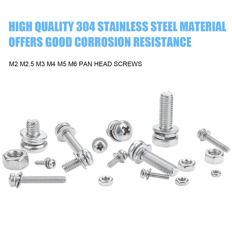 [Australia - AusPower] - DYWISHKEY 480 PCS M2 M2.5 M3 M4 M5 M6, 304 Stainless Steel Phillips Pan Head Screws Combine with Spring Washer and Flat Washers Nuts Assortment Kit 