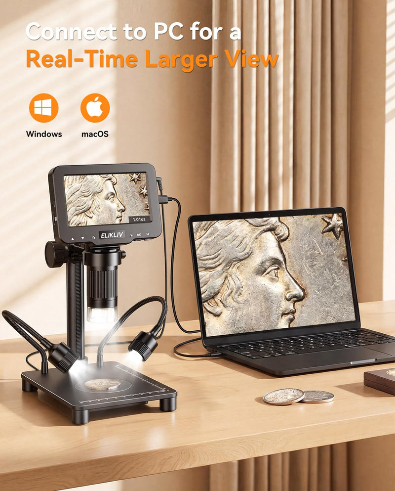 Elikliv Microscope with Weighing Scale, Digital Magnifier for Error Coins, Jewelry Magnifying Glass with Lights, 4.3" LCD Screen 12MP Camera 1080P Video USB PC View for Adults Collectors Supplies Black