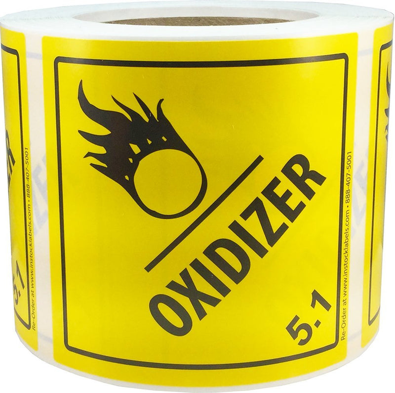 Hazard Class 5 D.O.T. Oxidizer Labels, 4 x 4 Inch Square Yellow and Black Hazmat Stickers, 500 Total Adhesive Labels on a Roll for Shipping and Compliance – Made in the USA