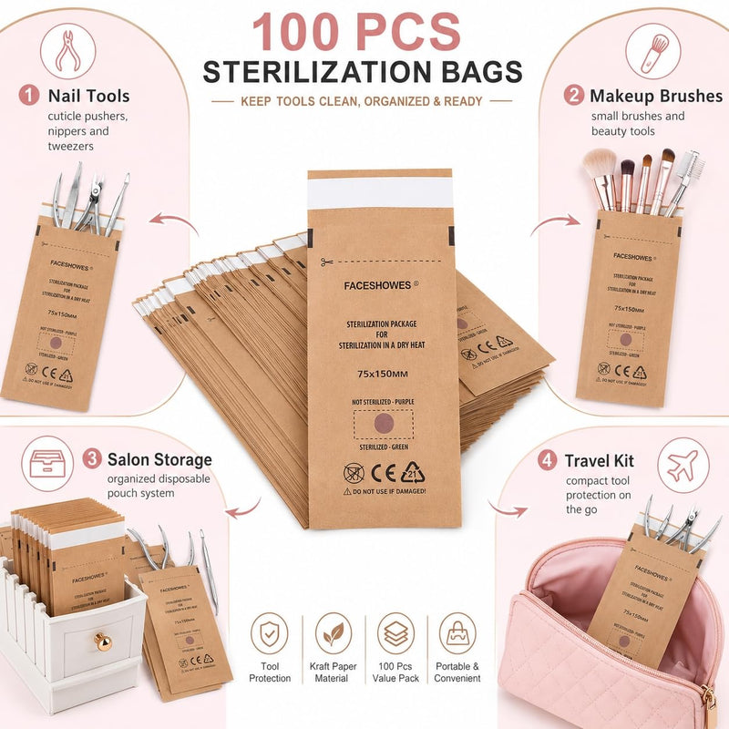 100 Stück Sterilisationsbeutel,75 X 150 Mm Sterilisation Tasche,Beutel Selbstverriegelnder Nagelkunst,Ür Nagel Sterilisatoren Desinfektionsmaschinen