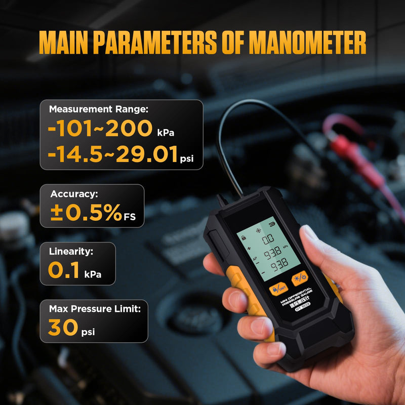 PT503 Manometer Gas Pressure Tester,Dual-Port HVAC Digital Manometer with Range of -100 to 200 KPa, 6 Units, Data Retention, 7Adapters, PT503