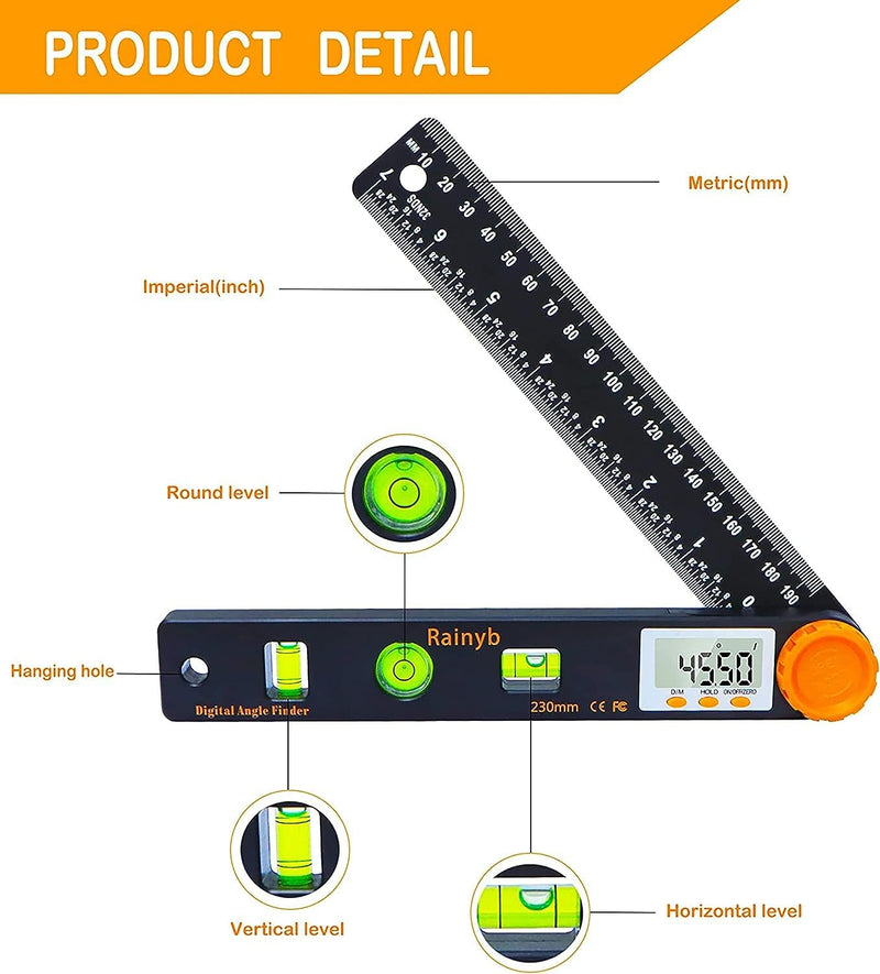 [Australia - AusPower] - Rainyb Digital Angle Finder Tool 7inch 0-360 degree LCD Digital Protractor with Horizontal Vertical Bubble Levels and Ruler Meter Accurate Tools for Carpenters,Woodworkers,Fabricators（7-Inch X 2Pcs） 7inch Angle Finder X 2 