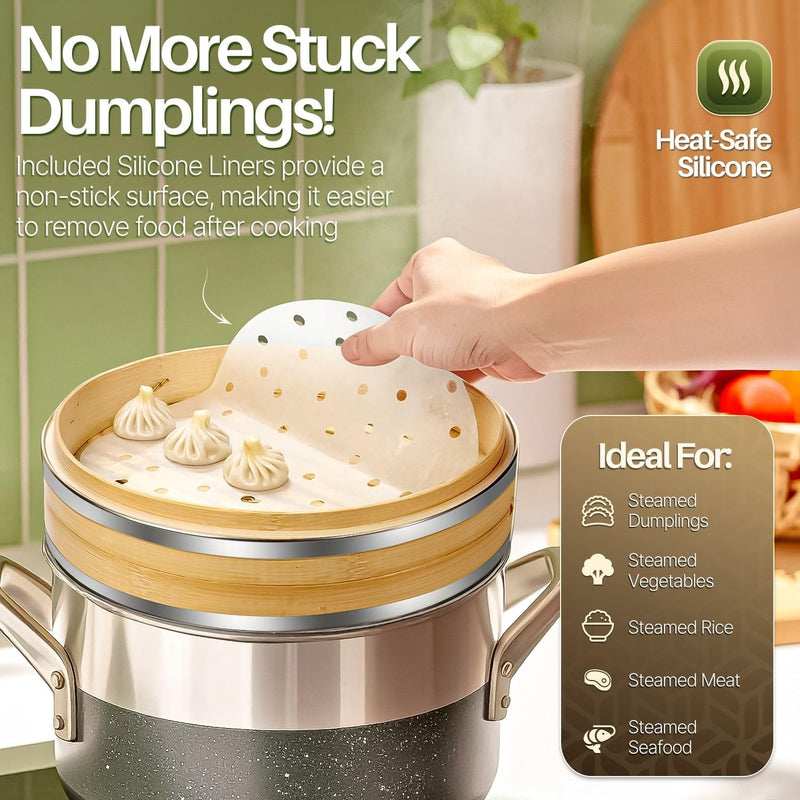 Flexzion Bamboo Steamer Basket Set (8 inch) with Stainless Steel Banding, 50 x Steamer Liners and 2 Pairs of Chopsticks, Steam Baskets for DimSum Dumplings, Rice, Vegetables, Fish and Meat
