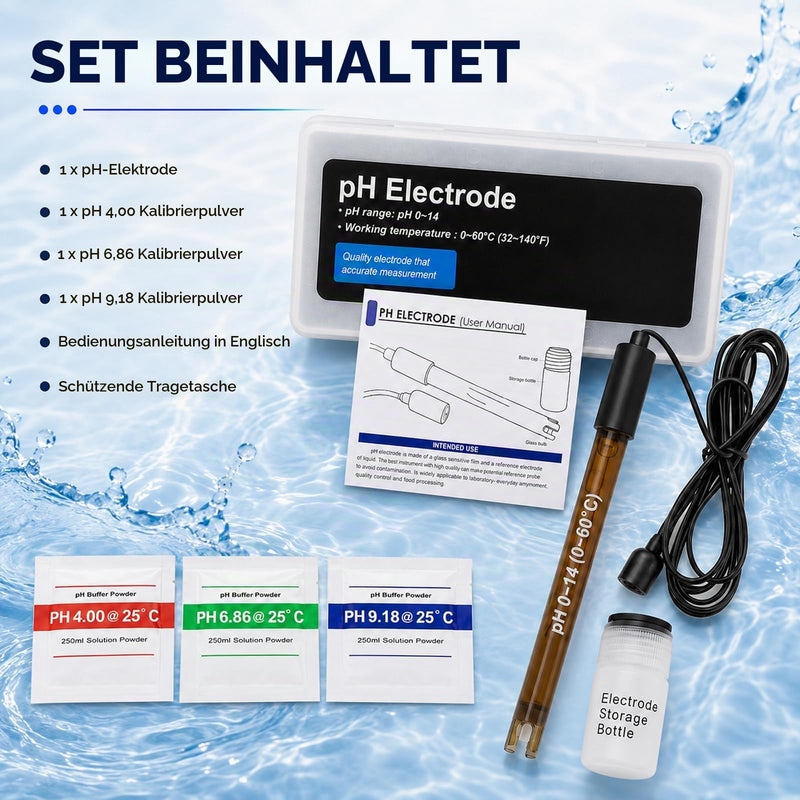 High Accuracy Combination pH Electrode for Continuous pH Monitoring, 0-14 pH Probe with 200 cm Long BNC Connection Cable & Calibration Powder Replacement Kit 200 cm cable
