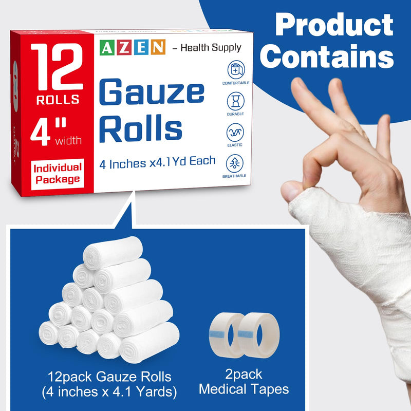 AZEN 12 Pack Gauze Rolls Bandages, 4 in x 4.1 Yards, Premium Medical Supplies & First Aid Supplies, Bandage Wrap Vet Wrap, Mummy Wraps 4IN A-12P