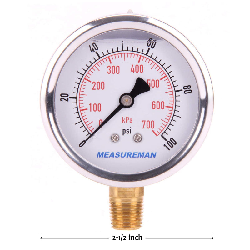 [Australia - AusPower] - MEASUREMAN 2-1/2" Dial Size, Glycerin Filled Pressure Gauge, 0-100psi/kpa, 304 Stainless Steel Case, 1/4"NPT Lower Mount 