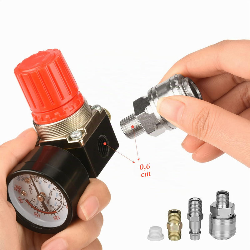 1/4 Inch Compressed Air Pressure Regulator, EU Standard, 4 Holes, with Pressure Gauge and Teflon Tape