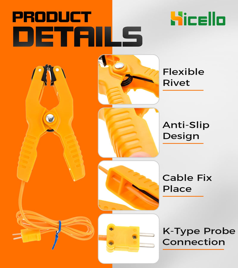 [Australia - AusPower] - 2 PCS K-Type Thermocouple Sensor Thermometer Lead Probe Pipe Clamp Jaw Clip Plumbing Clamp for Fieldpiece Gauges HVAC & Plumbing (-40°F to 392°F) Yellow Ht 05 K Type 2 * Clamps 
