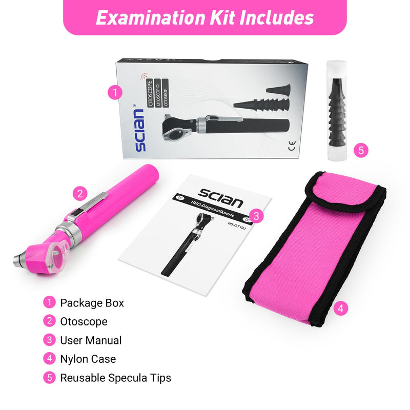 Scian Otoscope - Ear Scope with Light, Pocket Ear Diagnostic Kit with 3X Magnify Lens & 8 Speculum Tips for Kids,Elders,Dogs,Home Use (Pink) Pink