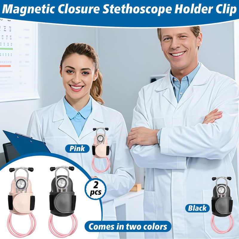 [Australia - AusPower] - 2 Packs Magnetic Stethoscope Holder for Physicians Nurses, Stethoscopes Holder for Scrubs, Stethoscope Holders Hip Clip with Magnetic Snap Closure (Black & Pink) 