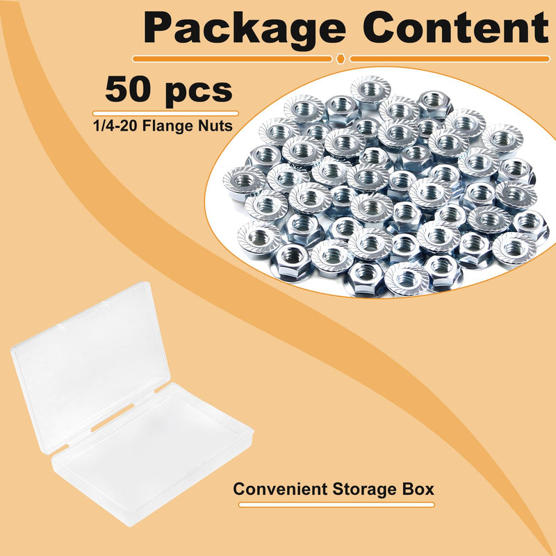 [Australia - AusPower] - 50pcs 1/4-20 Serrated Flange Hex Nuts, 1/4" Hexagon Flange Nuts, Carbon Steel Zinc Plated, UNC Nuts Fasteners, Right Hand SAE Replacement Nut 1/4"-20 