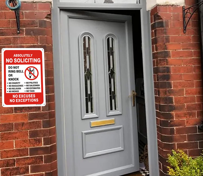 [Australia - AusPower] - 2 Pack Absolutely No Soliciting Yard Sign for House -10" x 7" No Excuses No Exceptions Do Not Ring Bell No Knock Metal Sign for Front Door，UV Protectd Rust & Fade Resistant 10" x 7" 