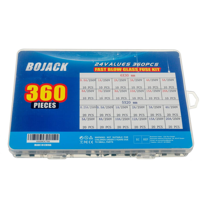 [Australia - AusPower] - BOJACK 24 Values 360 pcs Fast-Blow Glass Fuses Assortment Kit 5x20mm 250V 0.25 0.5 1 2 3 4 5 8 10 12 15 20A 6x30mm 250V 0.5 1 2 3 4 5 6 7 8 10 15 20A amp packag in a Clear Plastic Box 
