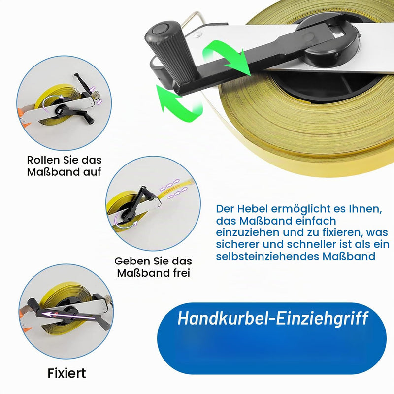 50m Steel Tape Measure with Ergonomic Handle | 50 m long steel tape measure in roller housing for longer distances during construction, land and surveying work. 1