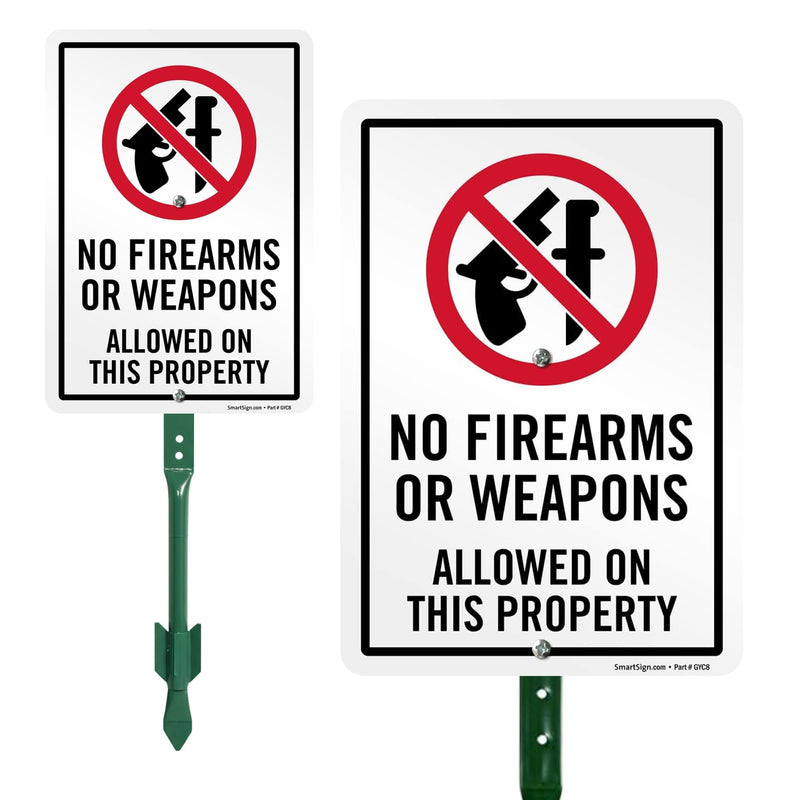 SmartSign 10 x 7 inch “No Firearms Or Weapons Allowed On This Property” LawnPuppy Yard Sign and 18 inch Stake Kit, 40 mil Laminated Rustproof Aluminum, Red, Black and White, Set of 1 7" x 10" Aluminum Sign with 18" Stake